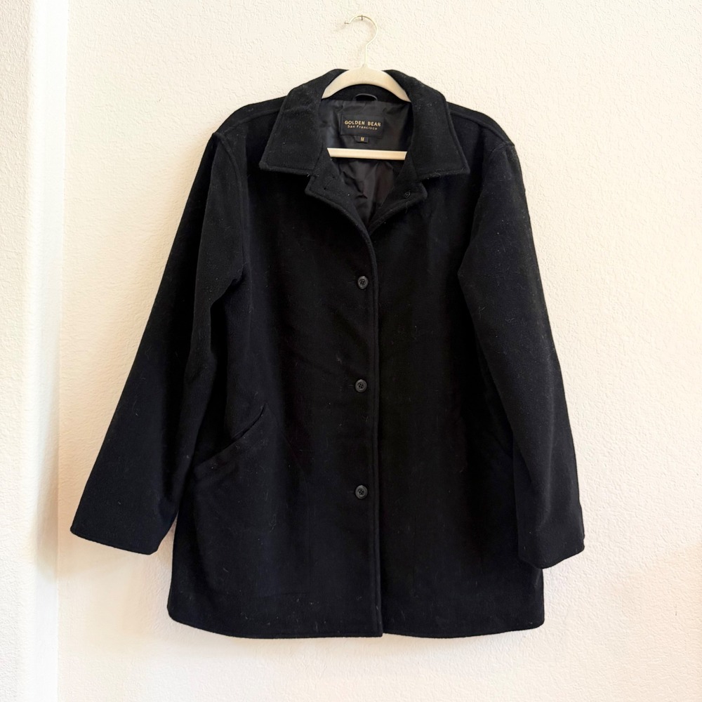 Vintage Golden Bear San Francisco Black Wool Cashmere Blend Car Coat Womens M